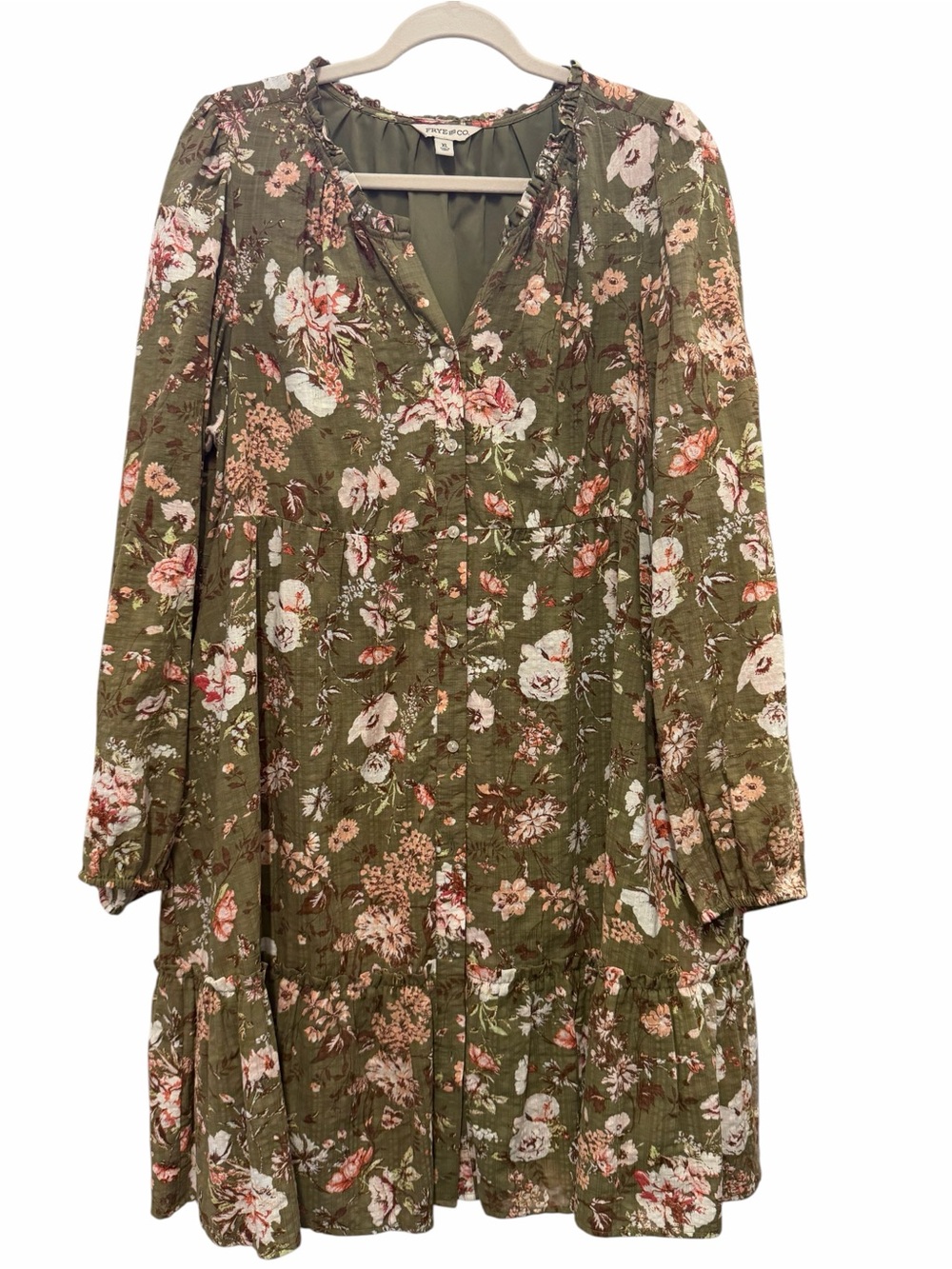 Frye & Co Olive Green Floral Boho Tiered Long Sleeve Dress Women’s XL - Picture 2 of 7